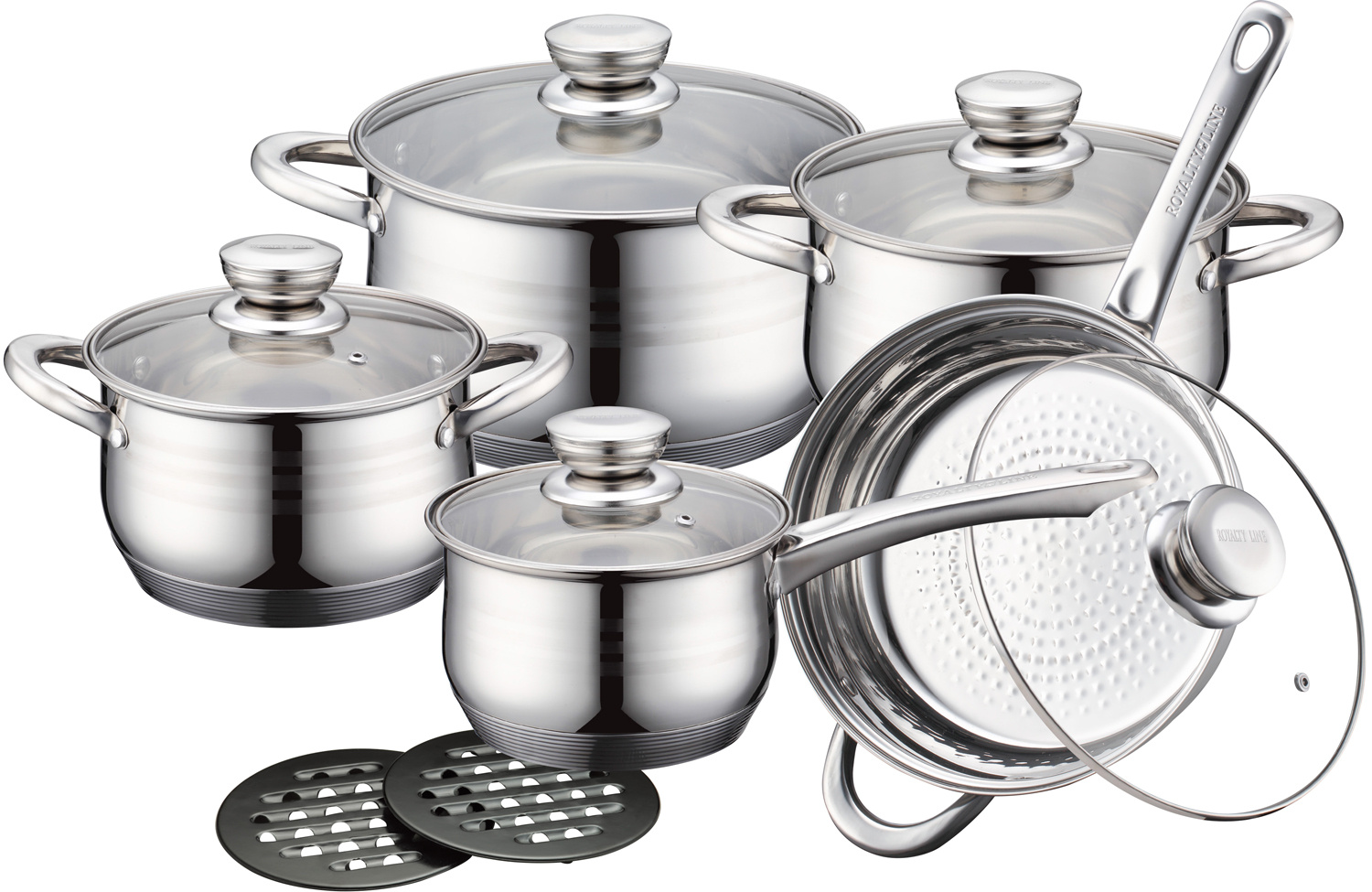 Batterie de cuisine 3 pièces faitouts 18, 20, 24 cm en inox + couvercles  verre